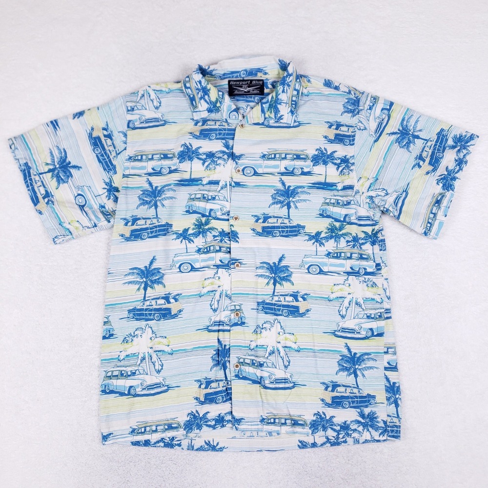 Newport Blue Shirt Mens 2XL‎ Woody Wagon Tropical Beach Surf Blue White Aloha